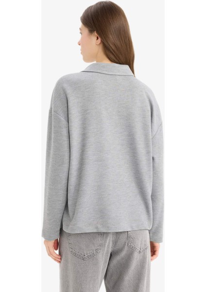 Relax Fit Polo Yaka Basic Düz Uzun Kollu Tişört E8681AX25SP