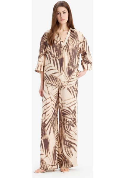 Wide Leg Desenli Modal Kumaş Palazzo Pantolon Yüksek Bel Düz Geniş Paça E8599AX25SM