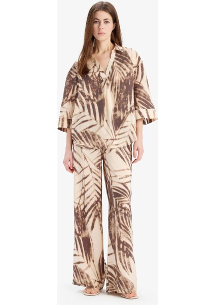 Wide Leg Desenli Modal Kumaş Palazzo Pantolon Yüksek Bel Düz Geniş Paça E8599AX25SM