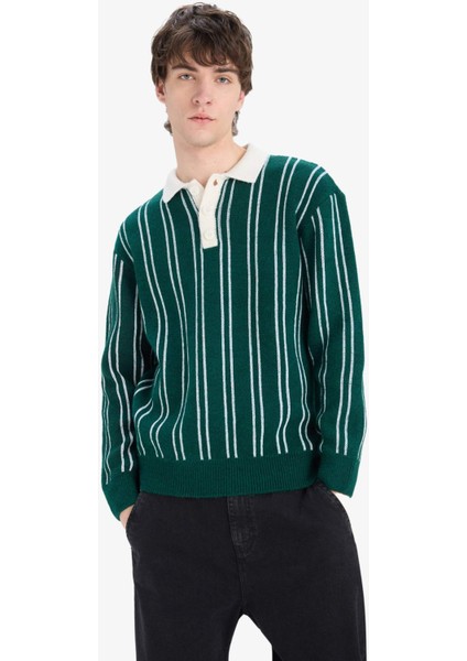 Relax Fit Polo Yaka Çizgili Triko Kazak E8400AX24WN