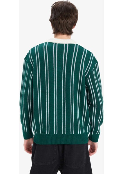 Relax Fit Polo Yaka Çizgili Triko Kazak E8400AX24WN