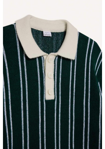 Relax Fit Polo Yaka Çizgili Triko Kazak E8400AX24WN