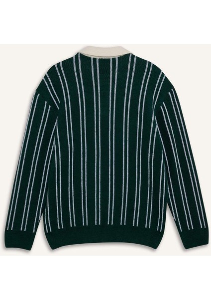 Relax Fit Polo Yaka Çizgili Triko Kazak E8400AX24WN