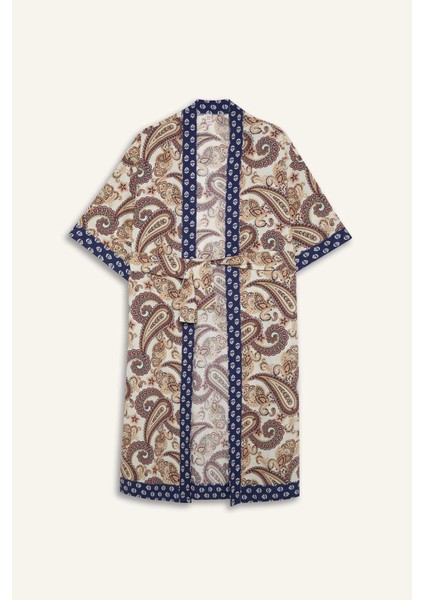 Regular Fit Kuşaklı Etnik Desenli Pamuklu Kimono-Fall in Love D0456AX25SP