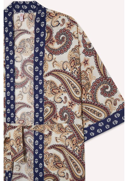 Regular Fit Kuşaklı Etnik Desenli Pamuklu Kimono-Fall in Love D0456AX25SP