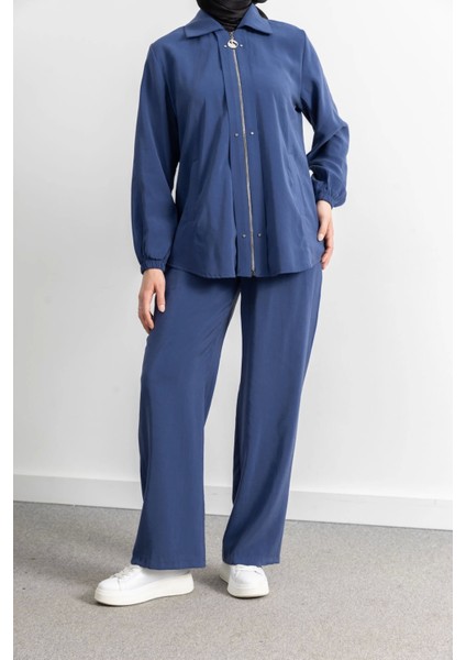 Rivet Detaylı Fermuarlı Pantolonlu Takım - Indigo fiyatları