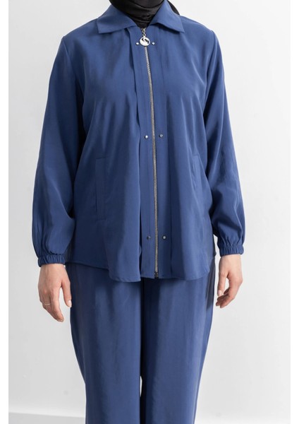 Rivet Detaylı Fermuarlı Pantolonlu Takım - Indigo modelleri