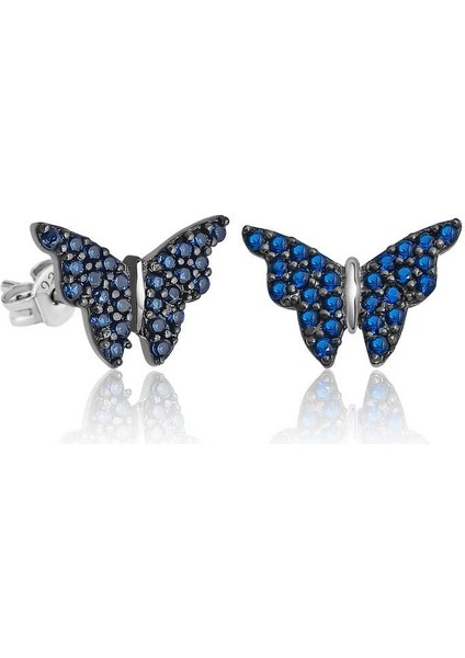 Gümüş Lacivert Kelebek Küpe