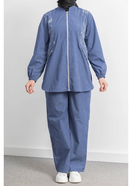 Nakış Detaylı Kot Ceket Pantolonlu Takım - Indigo