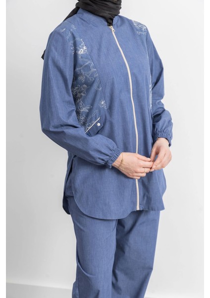 Nakış Detaylı Kot Ceket Pantolonlu Takım - Indigo fırsatları