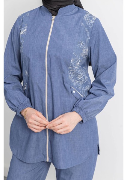 Nakış Detaylı Kot Ceket Pantolonlu Takım - Indigo indirimleri