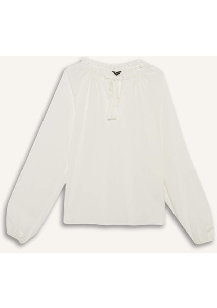 Regular Fit Bisiklet Yaka Krinkıl Kumaş Uzun Kollu Bluz E9429AX25SM