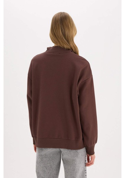 Coool Oversize Geniş Kalıp Fermuarlı Dik Yaka Baskılı Kalın Sweatshirt E9281AX25SP