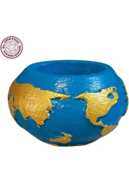 7938 El Yapımı Dünya Şeklinde Mavi - Gold Renk Saksı / Mumluk Dekoratif Obje - 6 x 9 cm