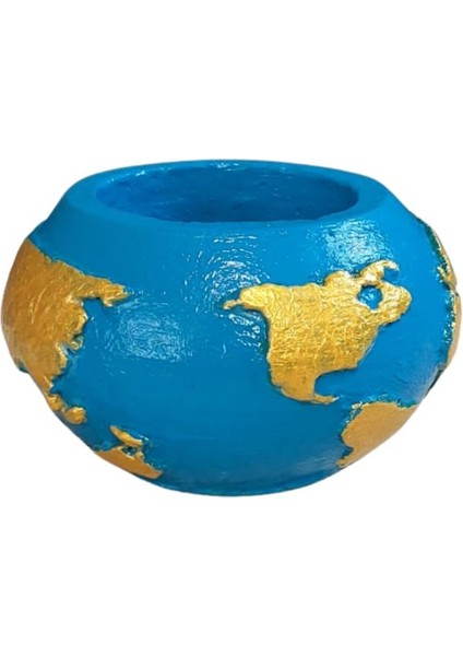 7938 El Yapımı Dünya Şeklinde Mavi - Gold Renk Saksı / Mumluk Dekoratif Obje - 6 x 9 cm modelleri