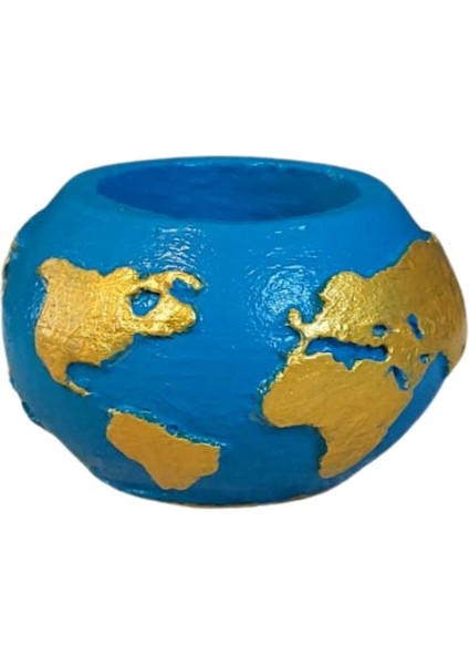 7938 El Yapımı Dünya Şeklinde Mavi - Gold Renk Saksı / Mumluk Dekoratif Obje - 6 x 9 cm fırsatları
