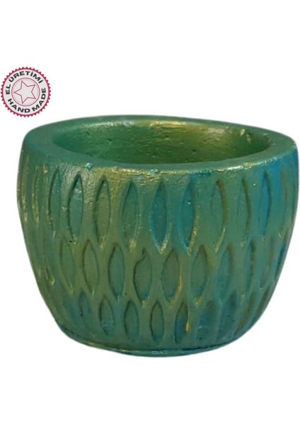 3907 El Yapımı Desenli Dekoratif Minik Yeşil Saksı / Biblo - 6 x 7 cm