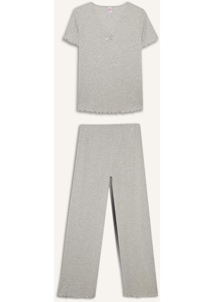 Regular Fit Pijama Takımı Kısa Kollu Üst Uzun Alt-Fall in Love E9229AX25SP