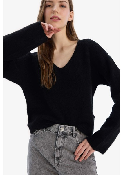 Regular Fit V Yaka Basic Düz Dikişsiz Triko Kazak E9170AX25SP