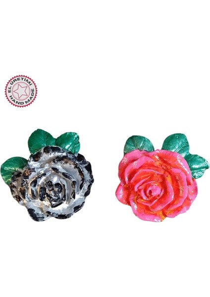 5422 El Yapımı Minik 2'li Pembe - Siyah Renk Gül Magnet - 6 x 7 cm