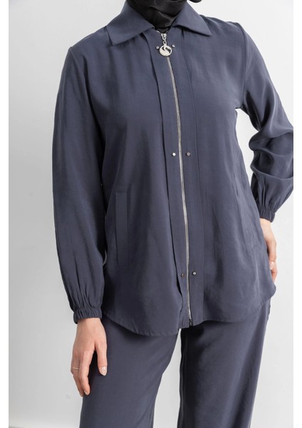 Rivet Detaylı Fermuarlı Pantolonlu Takım - Antrasit fırsatları