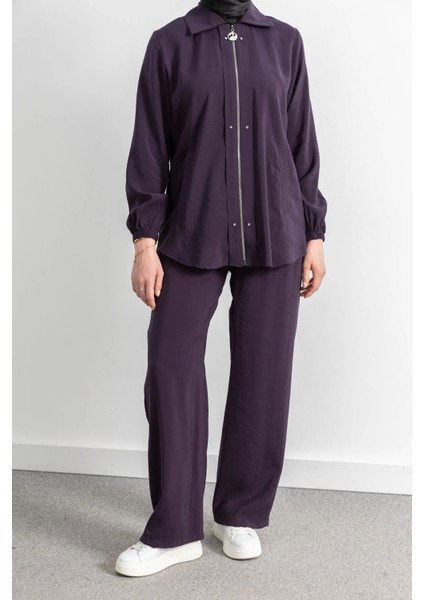 Rivet Detaylı Fermuarlı Pantolonlu Takım - Mürdüm