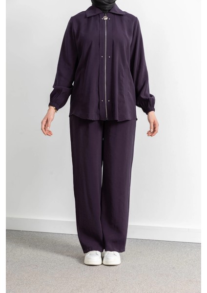 Rivet Detaylı Fermuarlı Pantolonlu Takım - Mürdüm fiyatları