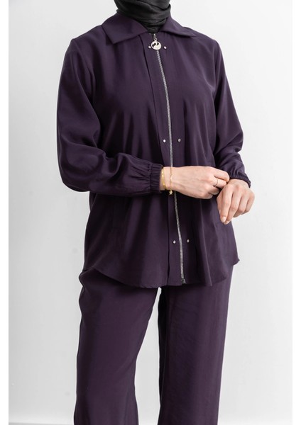 Rivet Detaylı Fermuarlı Pantolonlu Takım - Mürdüm modelleri