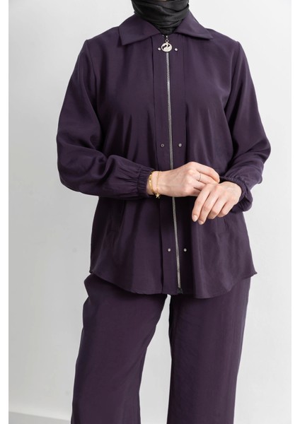 Rivet Detaylı Fermuarlı Pantolonlu Takım - Mürdüm fırsatları