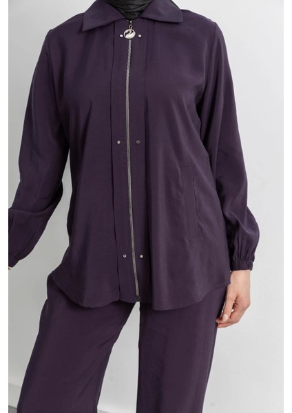 Rivet Detaylı Fermuarlı Pantolonlu Takım - Mürdüm indirimleri