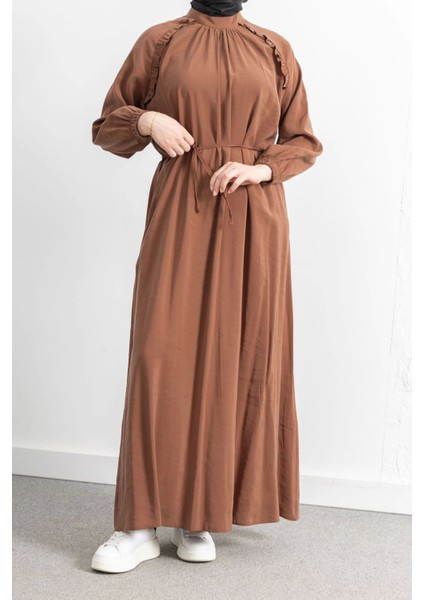 Reglan Kol Fırfır Detaylı Elbise - Taba