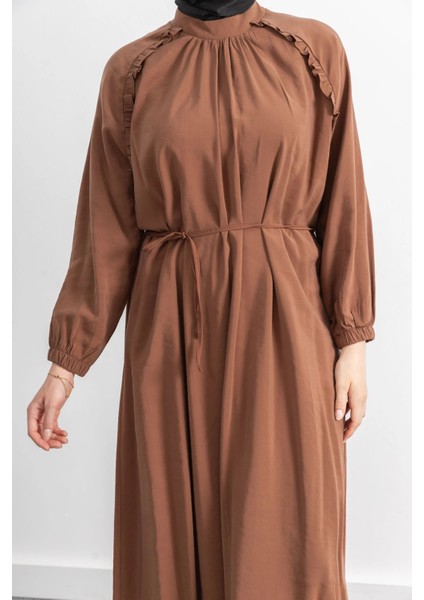 Reglan Kol Fırfır Detaylı Elbise - Taba