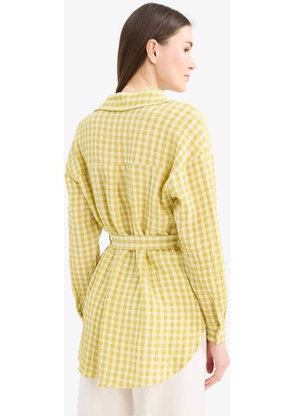 Relax Fit Pötikareli Gofre Dokulu Kuşaklı Uzun Kollu Tesettür Gömlek Tunik E4558AX25SM
