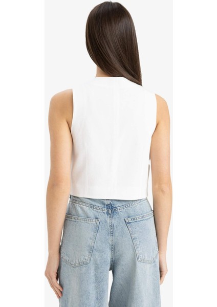 V Yaka Keten Karışımlı Beyaz Blazer Yelek E9757AX25SP