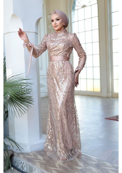 - Payet Boncuk Işlemeli Somon Tesettür Abiye Elbise 4791SMN modelleri