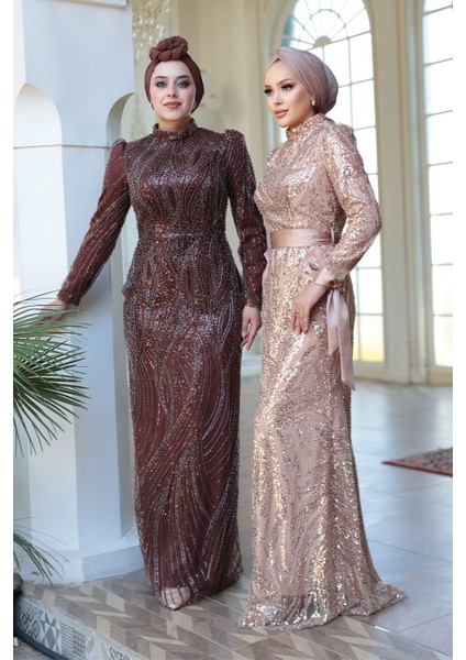 - Payet Boncuk Işlemeli Somon Tesettür Abiye Elbise 4791SMN indirimleri