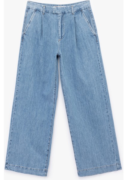 Pamuklu Kemer Detaylı Cepli Düğmeli Geniş Paça Jean Pantolon - Wide Leg Jeans