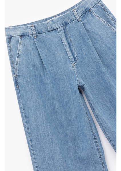 Pamuklu Kemer Detaylı Cepli Düğmeli Geniş Paça Jean Pantolon - Wide Leg Jeans modelleri
