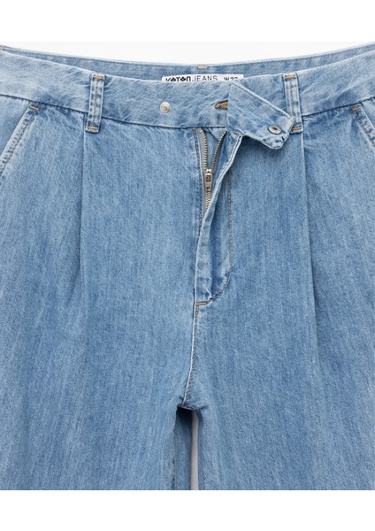 Pamuklu Kemer Detaylı Cepli Düğmeli Geniş Paça Jean Pantolon - Wide Leg Jeans indirimleri