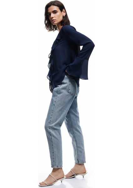 Yüksek Bel Düğmeli Cepli Düz Paça Mom Fit Jean Pantolon - Mom Slim Jean fiyatları
