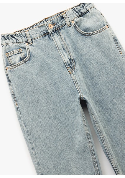 Yüksek Bel Düğmeli Cepli Düz Paça Mom Fit Jean Pantolon - Mom Slim Jean