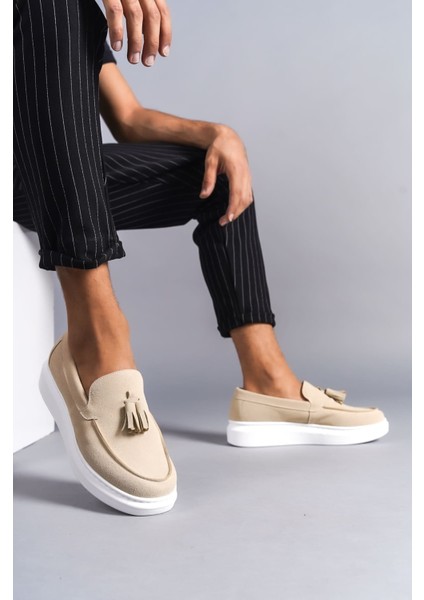 J154 Blaze Bağcıksız Püsküllü Süet Erkek Günlük Spor Klasik Ayakkabı Sbt - Krem