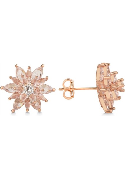 Gümüş Rose 4 Katman Lotus Çiçeği Kadın Çivili Küpe