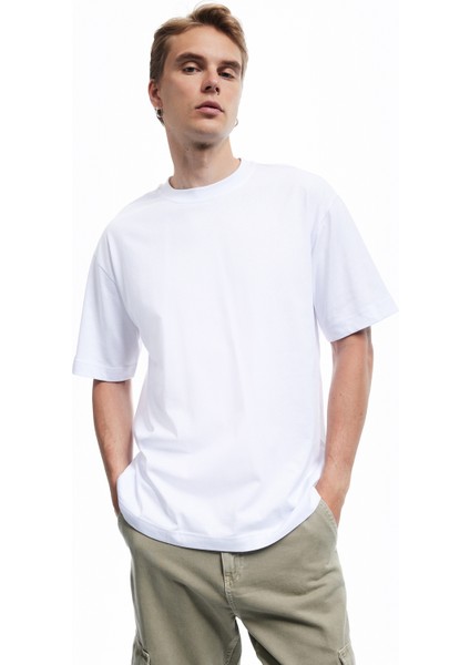 Kısa Kollu Bisiklet Yaka Pamuklu Basic Oversize Tişört