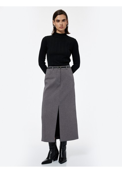 Önden Yırtmaç Detaylı Cepli Kemerli Midi Boy Kalem Etek