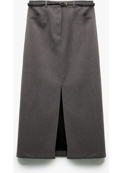 Önden Yırtmaç Detaylı Cepli Kemerli Midi Boy Kalem Etek modelleri