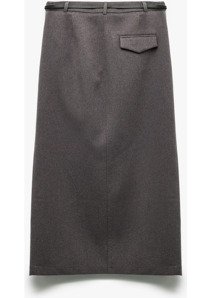 Önden Yırtmaç Detaylı Cepli Kemerli Midi Boy Kalem Etek fırsatları