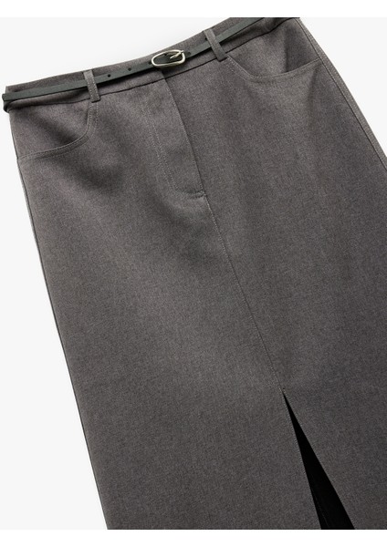 Önden Yırtmaç Detaylı Cepli Kemerli Midi Boy Kalem Etek indirimleri