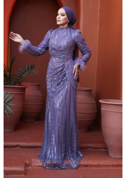 - Boncuk Işlemeli Lila Tesettür Abiye Elbise 50861LILA fiyatları