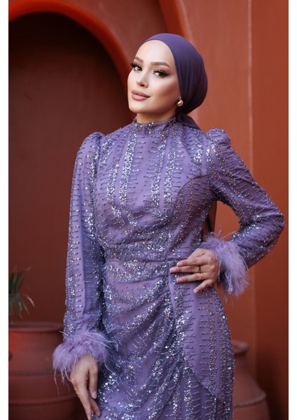 - Boncuk Işlemeli Lila Tesettür Abiye Elbise 50861LILA fırsatları